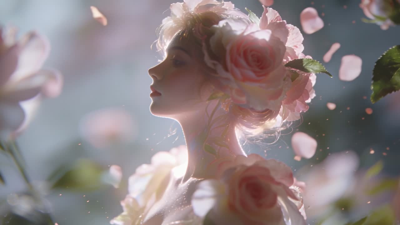 Modella in posa con un vestito floreale con grandi rose rosa in una radura del giardino, mentre la brezza solleva i petali.
