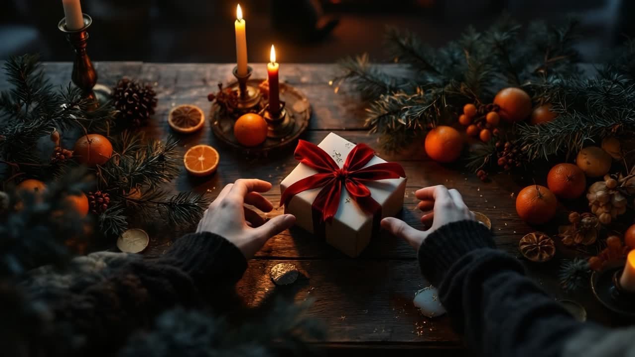 Hands of a person gently placing a wrapped gift on a rustic wooden table adorned with candles, oranges, and pine branches, creating a warm and inviting holiday atmosphere