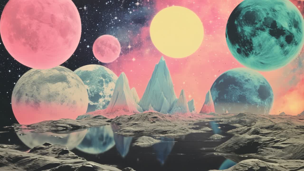 Surreal cosmic landscape with colorful planets and mountains