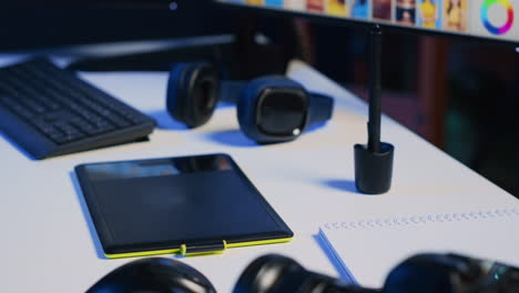 Photo editing equipment in creative office inside media company