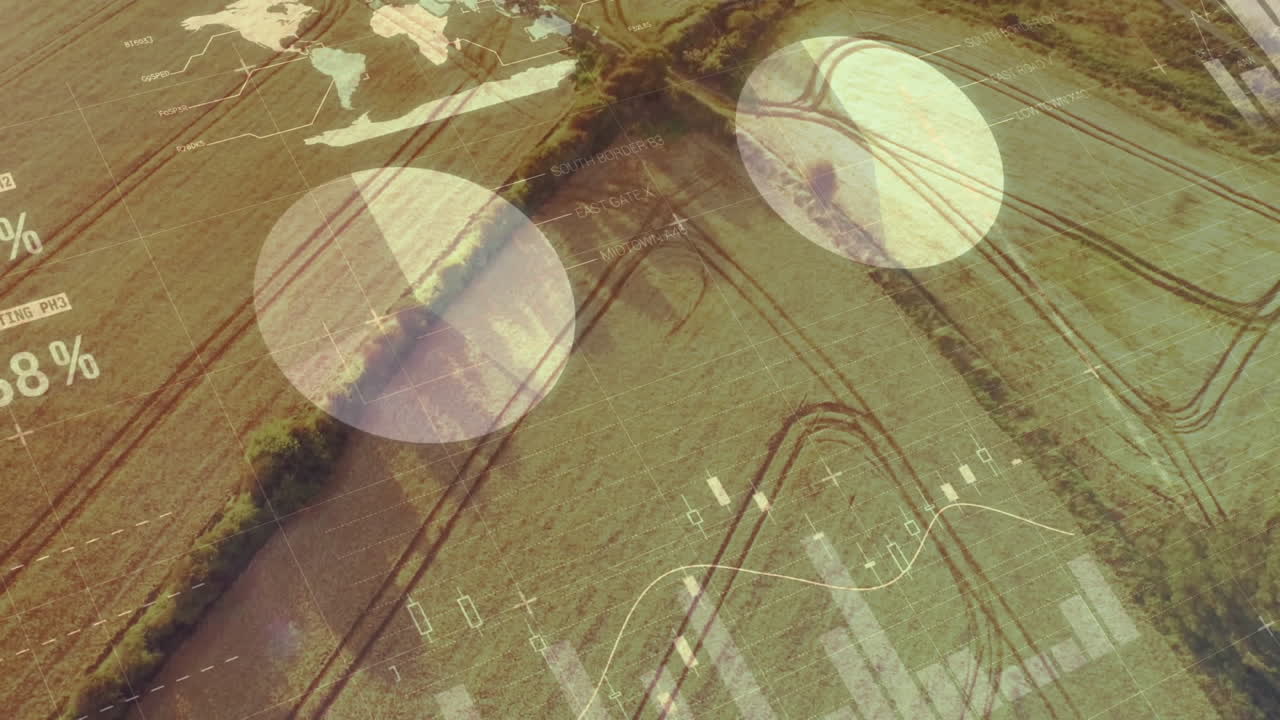 Animation of statistics and financial data processing over agriculture field