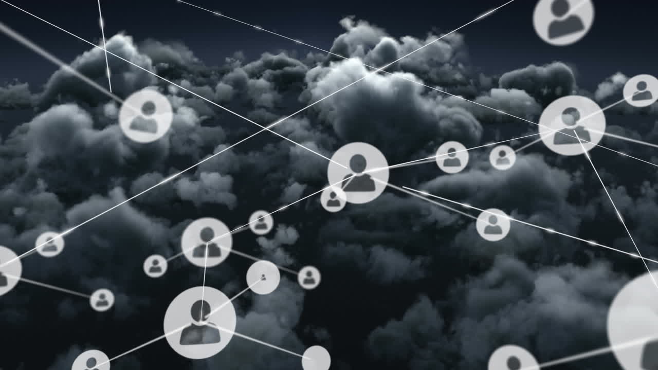 Networks of connections with icons over cloudy night sky