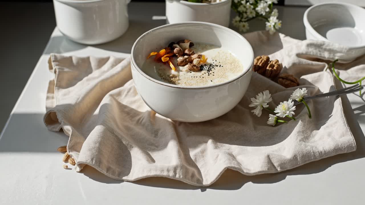 White bowl of healthy porridge decorated with nuts, seeds, candied fruit and poppy seeds, sitting on a beige place mat on a white table bathed in sunlight, creating a serene breakfast scene