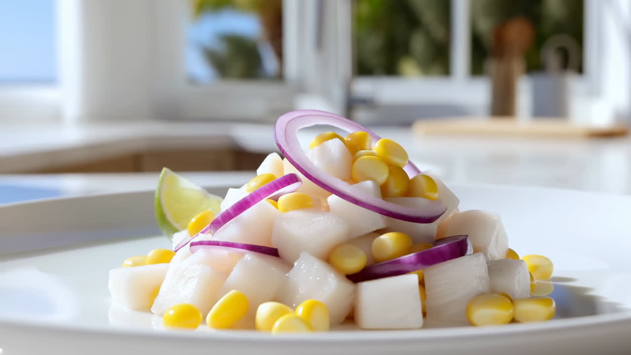 Ceviche fresco con mais e cipolla, spicchio di lime e anelli di cipolla rossa sopra cubetti di tenero pesce bianco, mais dolce.