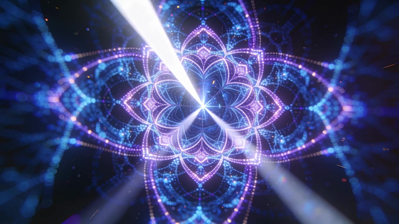 Sweeping white beam hitting neon mandala in dark void, causing pulsing core firing rays and sparks