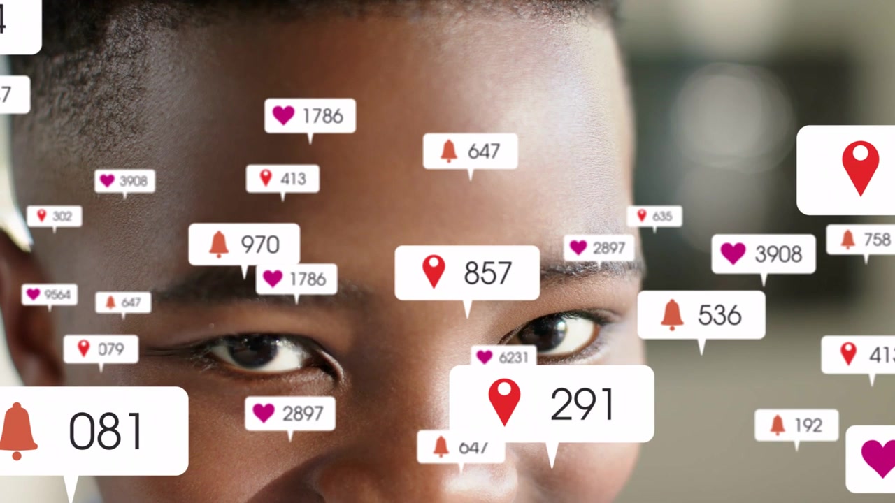 Boy leaning scanning as social badges appearing multiplying obscuring eyes fading reacting to likes