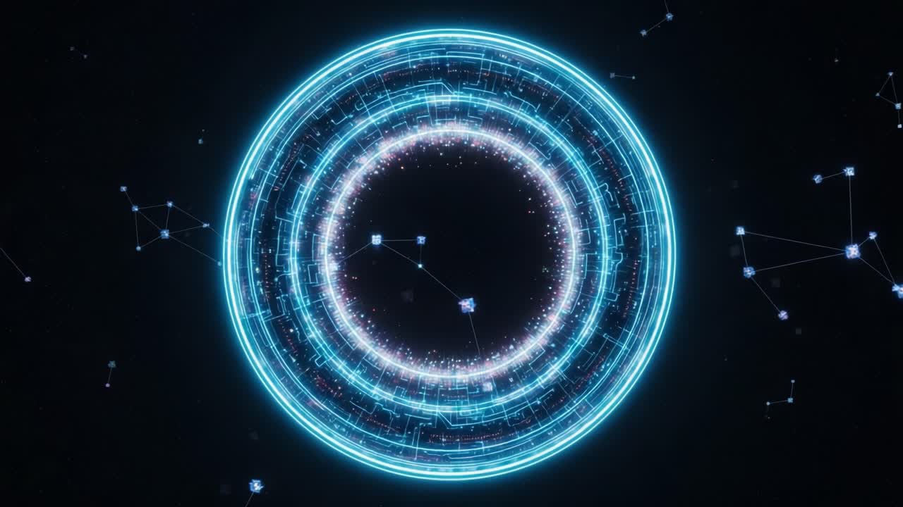 Futuristic Circular Interface Featuring Dynamic Connections and Vibrant Energy Core Representing Advanced Technology and Data Flow in a Digital Landscape