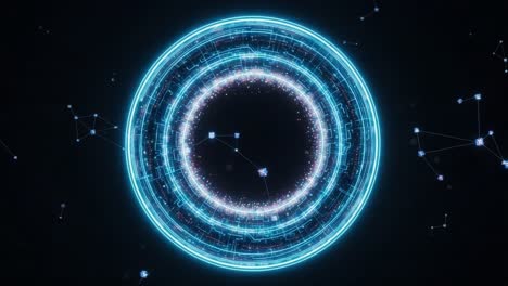 futuristic circular interface featuring dynamic connections and vibrant energy core representing advanced technology and data flow in a digital landscape