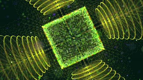 las partículas abstractas de brillo verde forman objetos 3d, cubos y cilindros, bucle vj como bg del espacio digital virtual, partículas que forman forma holoram como concepto de big data, red o espacio vr.