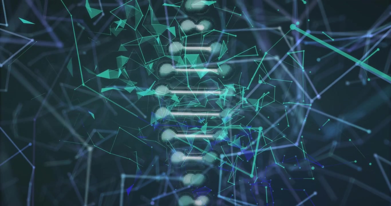Animation of network of connections and dna strand over black background