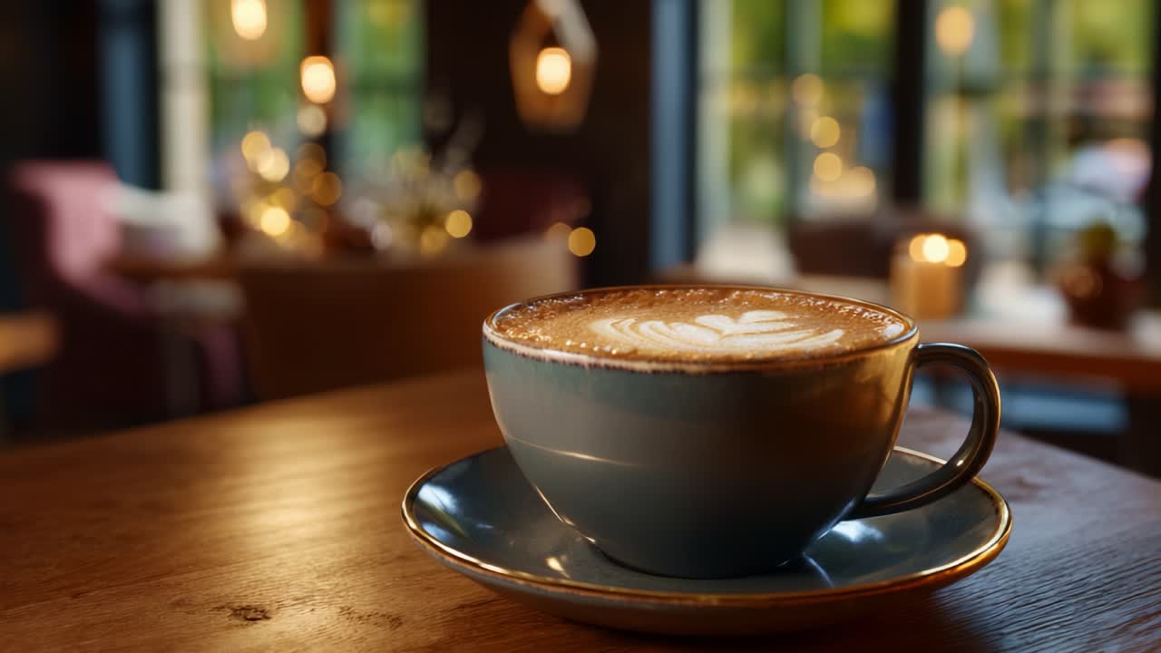 A Beautiful Cup of Coffee with Latte Art Presented on a Wooden Table in a Cozy Cafe with Soft Lighting and Warm Ambiance Perfect for Relaxation