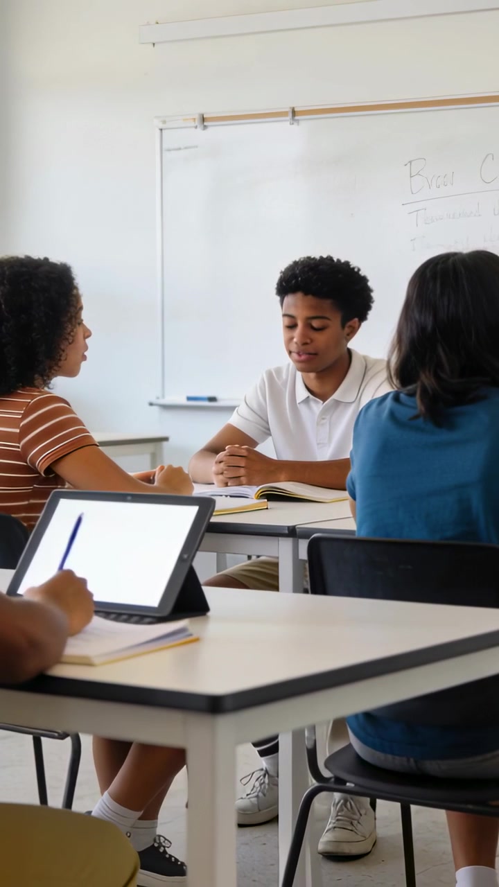 Vertical video: Hearing peer comment, student in white polo reaching for pen, writing in classroom