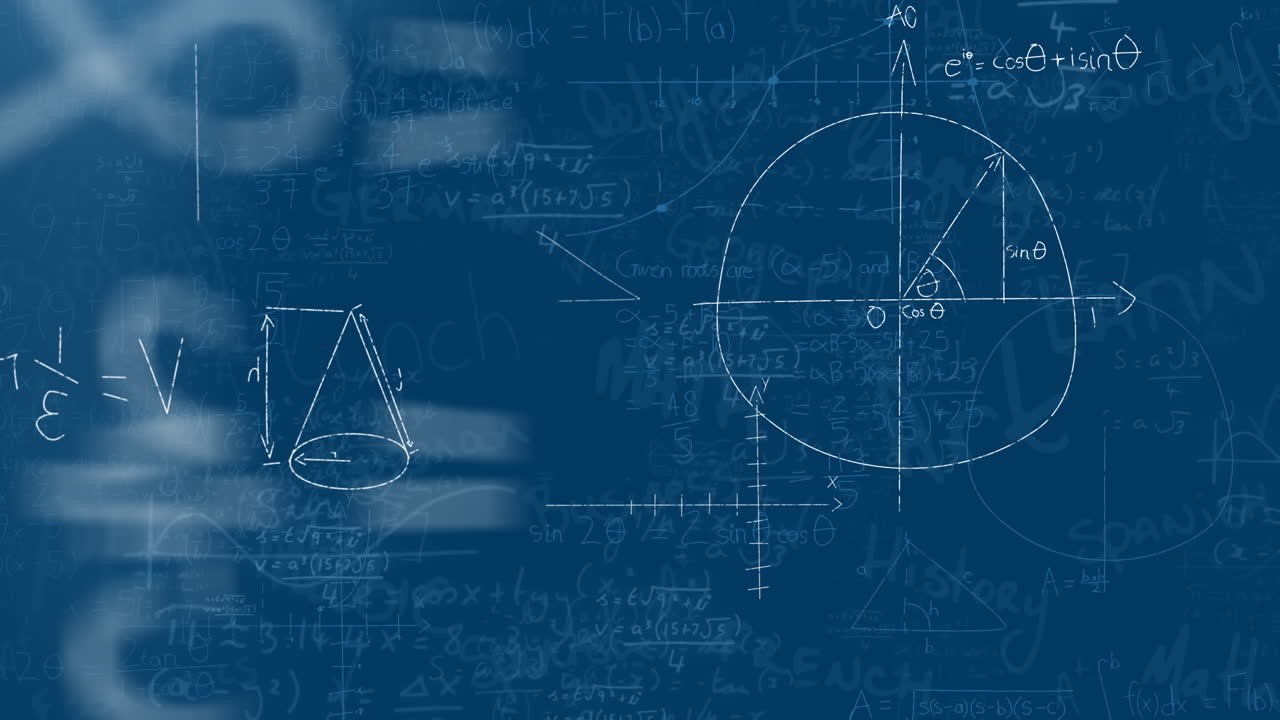 파란색 배경에 수학 방정식과 학교 개념 텍스트 위에 빛의 점의 애니메이션