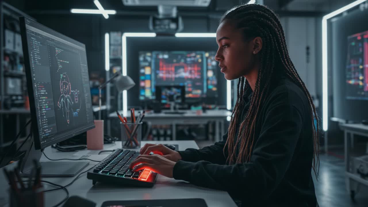 Focused Programmer Engaged in Coding at a Modern Workspace, Harnessing Technology to Create Innovative Software Solutions Using Advanced Computer Systems