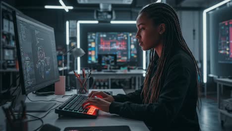 focused programmer engaged in coding at a modern workspace, harnessing technology to create innovative software solutions using advanced computer systems