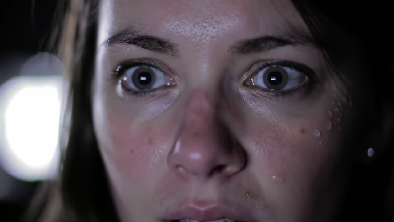 A Captivating Close-Up of a Young Woman's Expressive Face Displaying Fear and Emotion in a Dramatic Moment of Tension and Suspense
