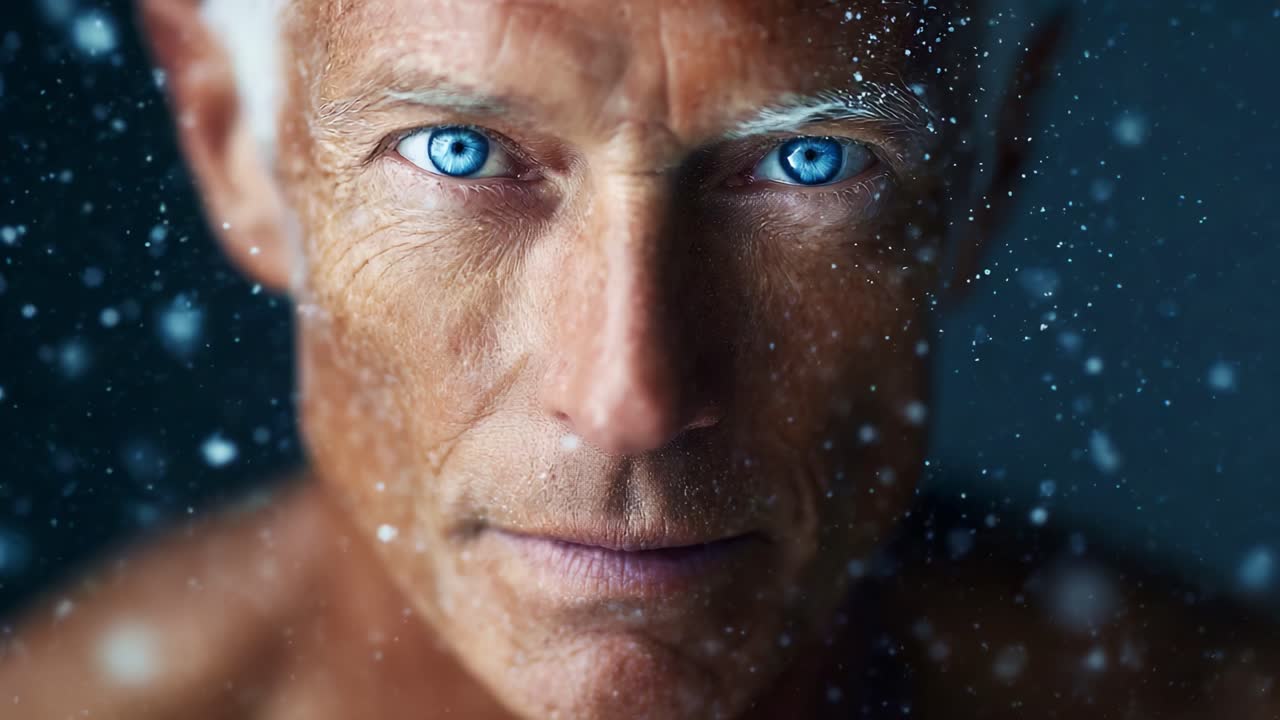 A captivating close-up of a man with striking blue eyes and a rugged appearance, set against a backdrop of softly falling snow, evoking a sense of winter's beauty and mystery