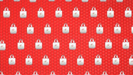 animación de texto sin bolsas de plástico sobre iconos de bolsas sobre fondo rojo