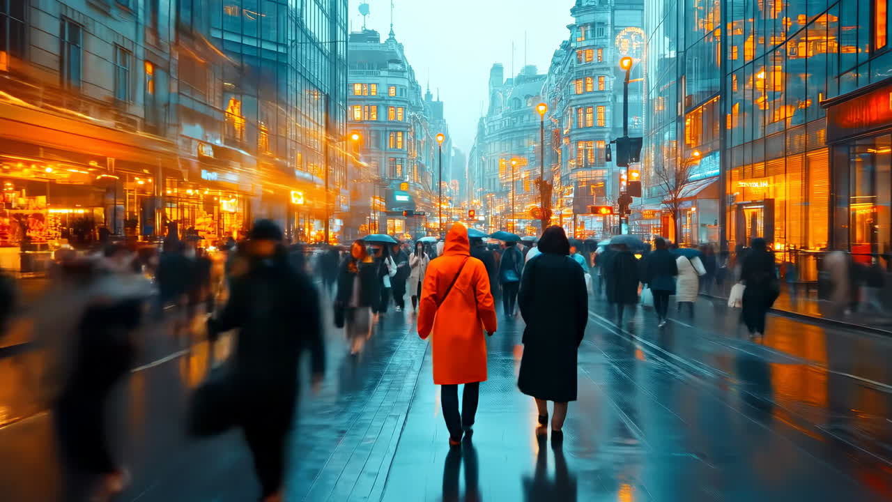 Rainy night in bright city. People walk under umbrellas on a busy city street as lights reflect off the wet pavement during rainy weather