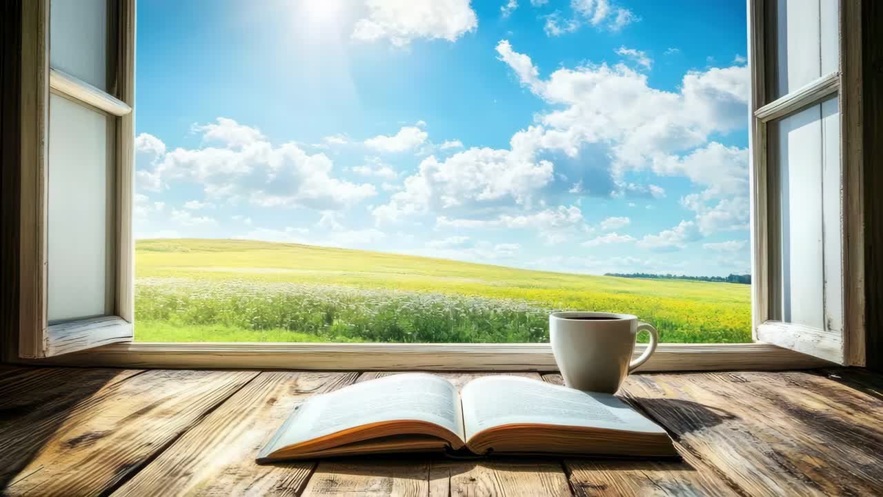 Ein ruhiges Videokonzept mit einer Low-Angle-Ansicht eines aufgeschlagenen Buches und einer Kaffeetasse auf einem Holztisch