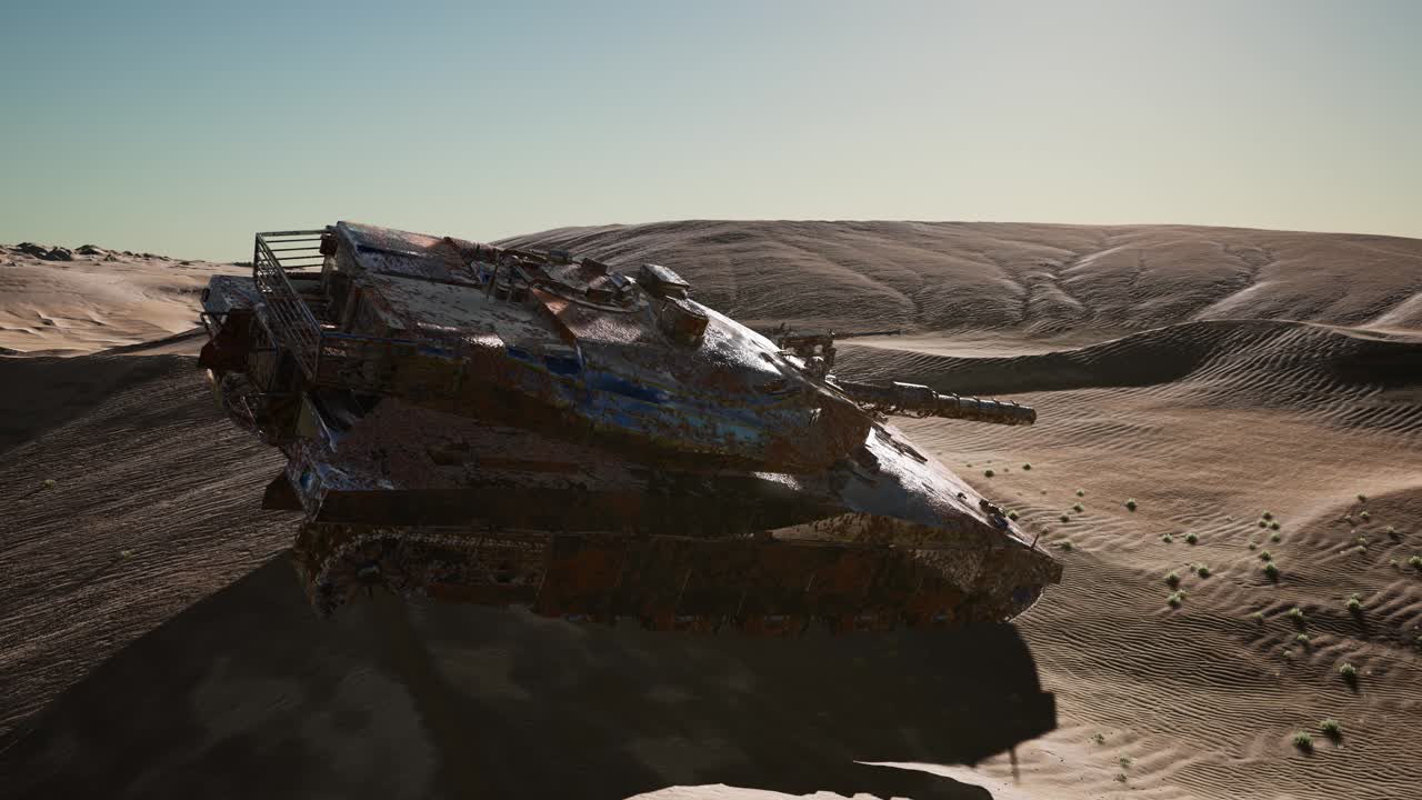 Carri armati militari distrutti nel deserto al tramonto