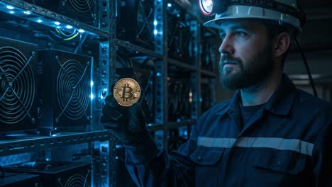 a dedicated cryptocurrency miner holding a bitcoin with high-tech mining rigs in the background while operating in a dark environment filled with blue lights