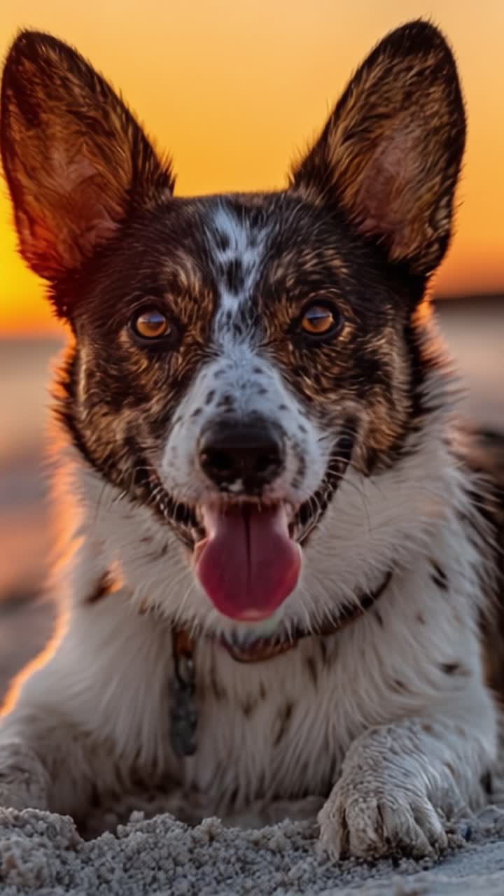 Et nærbildeportrett av en leken Corgi-hund mot en fantastisk solnedgangsbakgrunn, som fanger gleden og varmen av et avslappende øyeblikk på stranden.