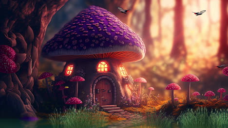 mushroom house animation in the middle of a fairy tale forest, dreamlike animation of a gnome house