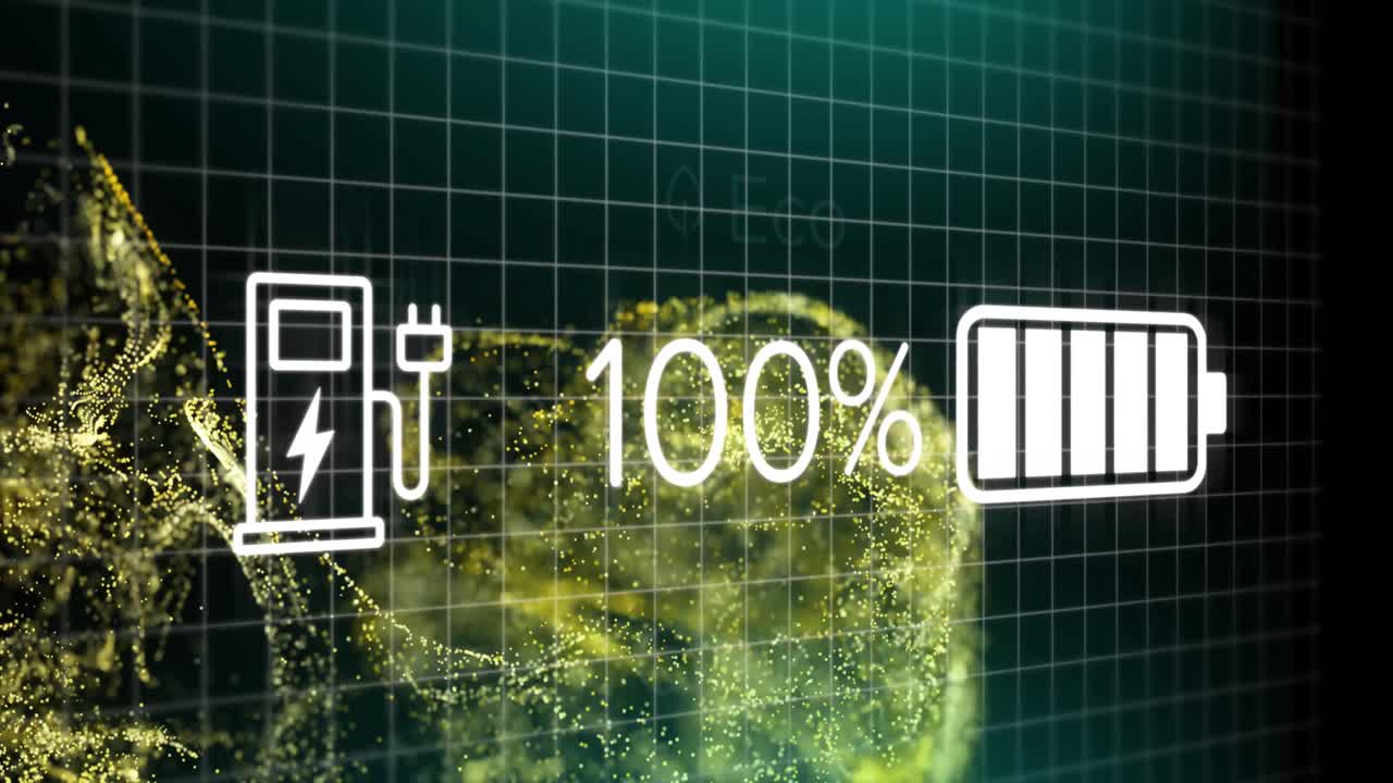 데이터 처리 및 녹색 배경에 반이는 노란색 디지털 파동으로 자동차 인터페이스의 애니메이션