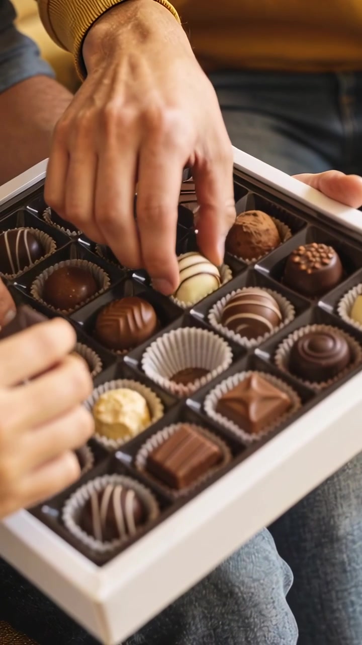 Vertical video: Hovering couple picking chocolates from box on couch, choosing in mustard sweater