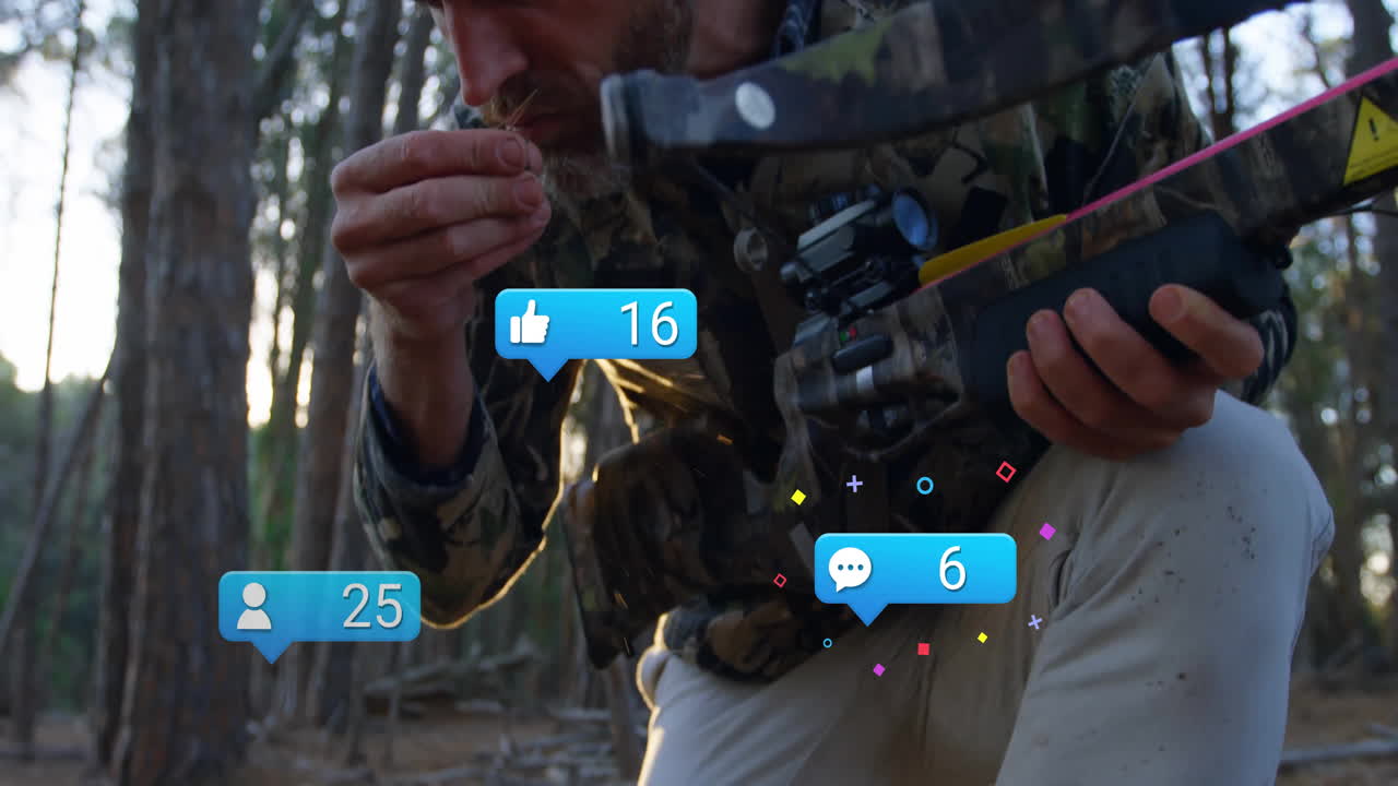Man kneeling in pine forest, inspecting arrow on compound bow, featuring sports tech overlays
