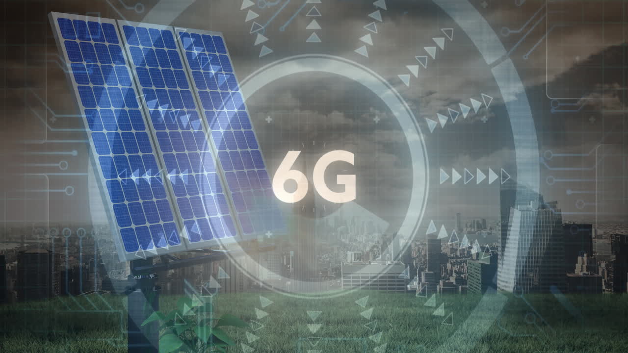 Pannelli solari che ricevono un'interfaccia digitale 6G, che mostrano cerchi HUD, frecce, circuiti lampeggianti.