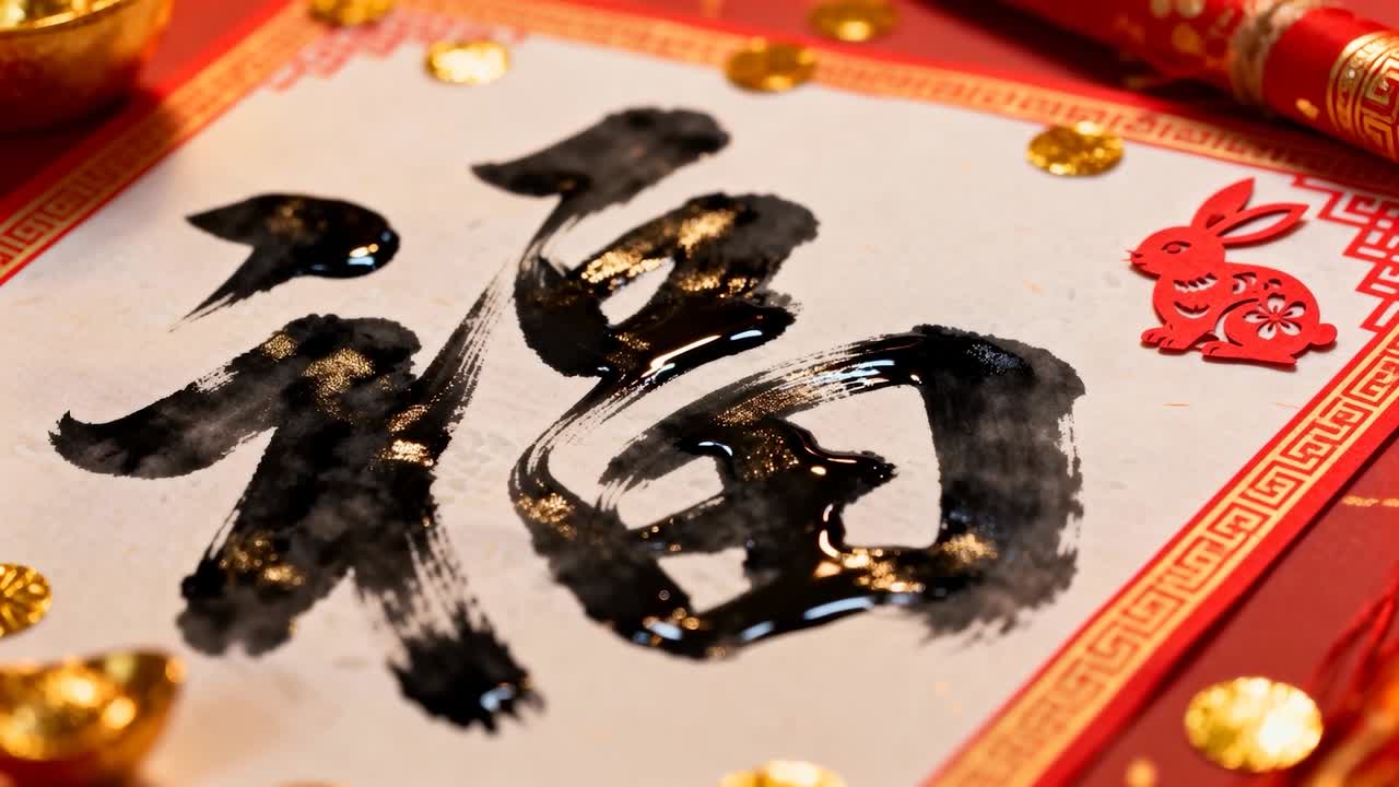 Panorering af kamera, der afslører våd kalligrafi på rød måtte, og viser blankt blæk og guldbarre