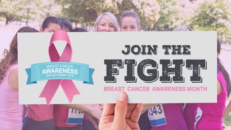 animation of pink ribbon and breast cancer text over group of diverse group of women