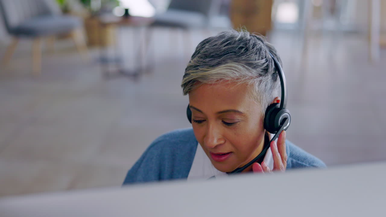 Senior woman, call center and talk