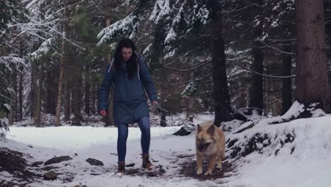 girl walking dog in forest, snow on ground, winter time, front middle shot