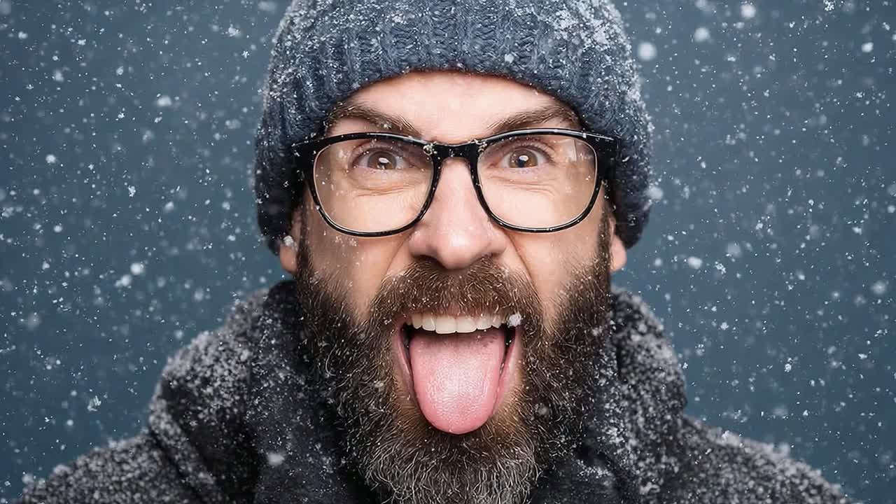 Playful Expression in a Winter Wonderland: A Bearded Man Having Fun in the Snow Captures the Joy of the Season with a Unique Facial Gesture