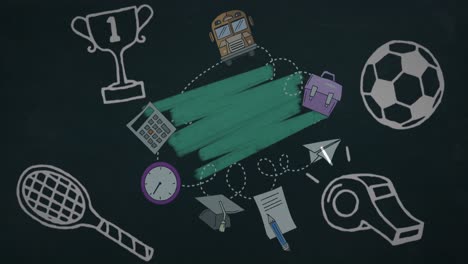 iconos del concepto de la escuela contra marcas de tiza verde