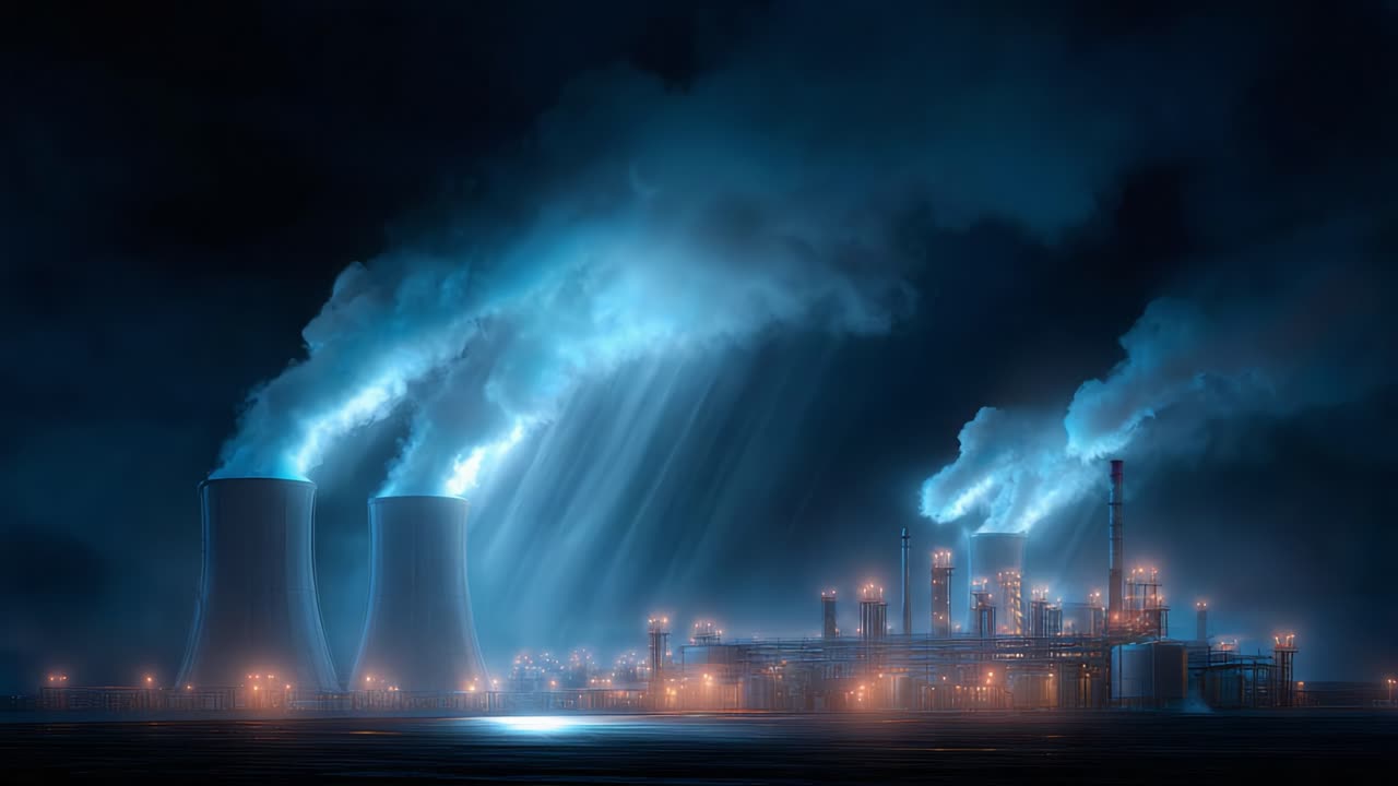 A Mesmerizing Display of Industrial Power: A Nighttime View of a Steam-Powered Facility with Glowing Lights and Rising Smoke in an Ethereal Atmosphere
