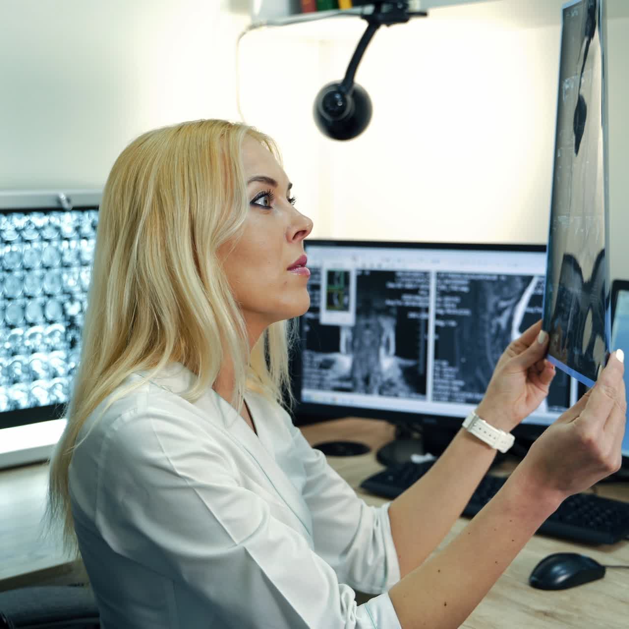 Female medic carefully looks at the MRI scan rising it against the light. The professional turns to the computers on the table to describe the shots