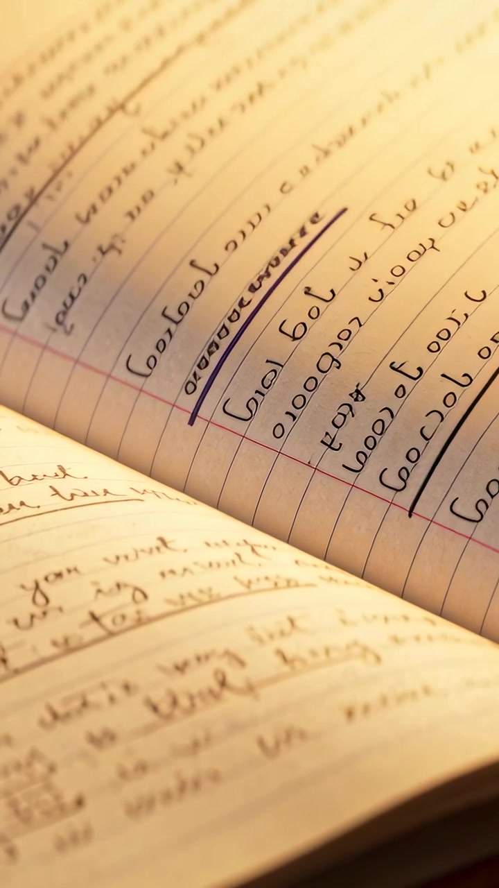 Vertical video: Moving shot page turning showing leather journal on inked lined pages in warm light