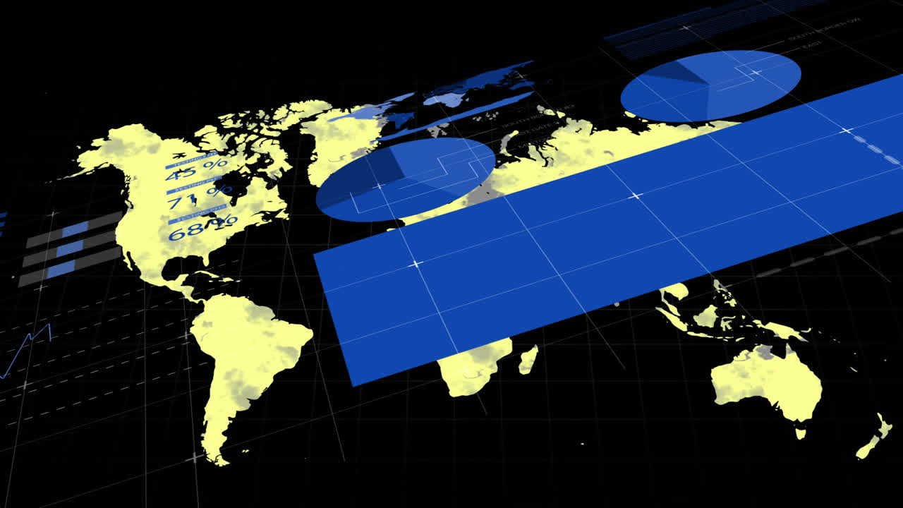 Animating digital world map with blue data overlays showing percentage statistics