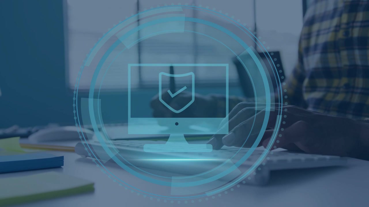 Man typing keyboard, label fading, HUD expanding, shield icon emerging over hands for security