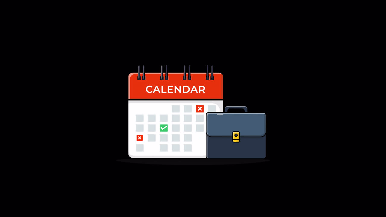 Animeret kalender med flueben og krydser ved siden af en attachétaske