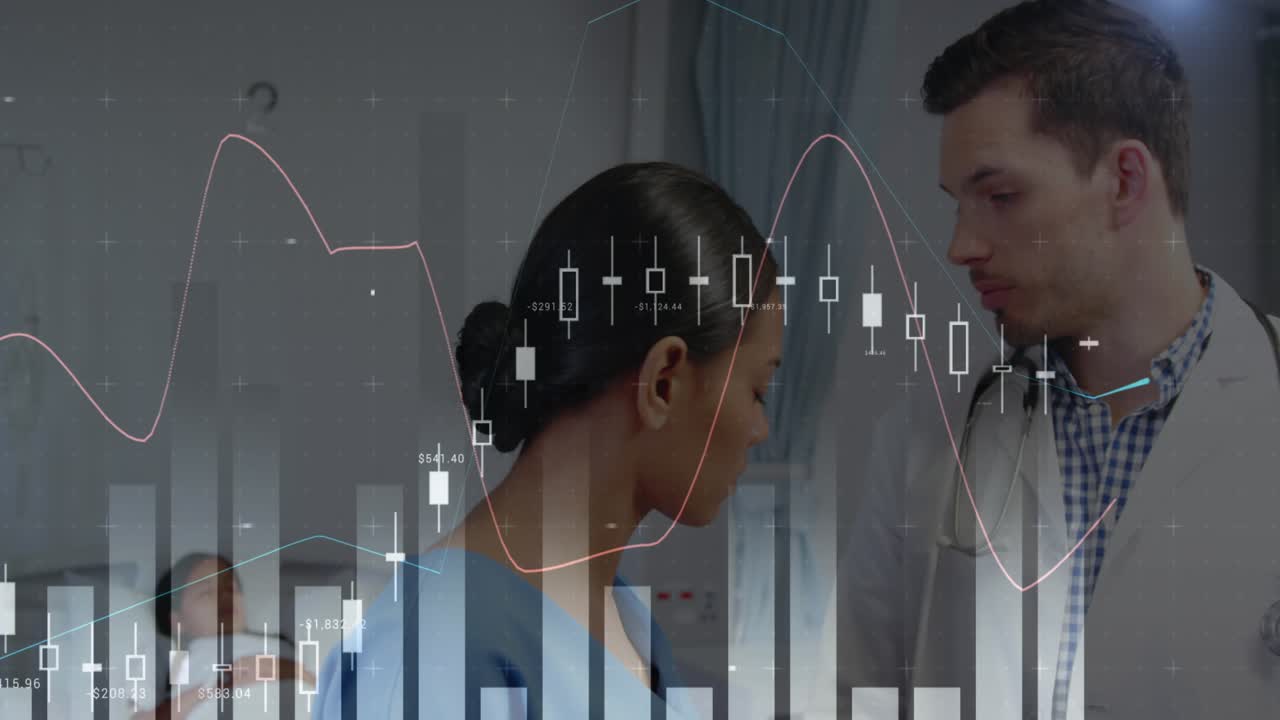 Animation of data processing over diverse male doctor and female nurse talking
