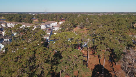 Aufsteigende-Neigungsaufnahme-Von-Bäumen-Und-Weiß-Gefärbten-Eigentumswohnungsgebäuden-Während-Des-Sonnenuntergangs-In-Myrtle-Beach,-USA