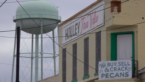 a water tank and building facade in the small town deep south advertises cracked pecans