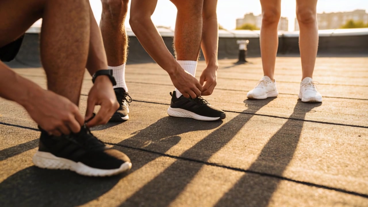 Tre corridori in pantaloncini si allacciano le scarpe, preparandosi per una corsa sul tetto all'alba, con un orologio sportivo.