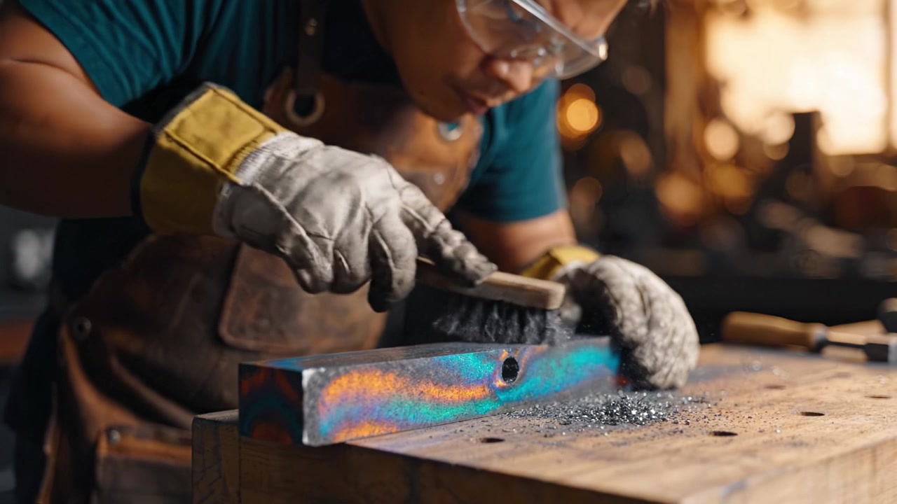 Skilled Artisan Carefully Finishing a Colorful Metal Piece with Precision Tools in a Workshop Capturing the Essence of Craftsmanship and Metalwork Expertise