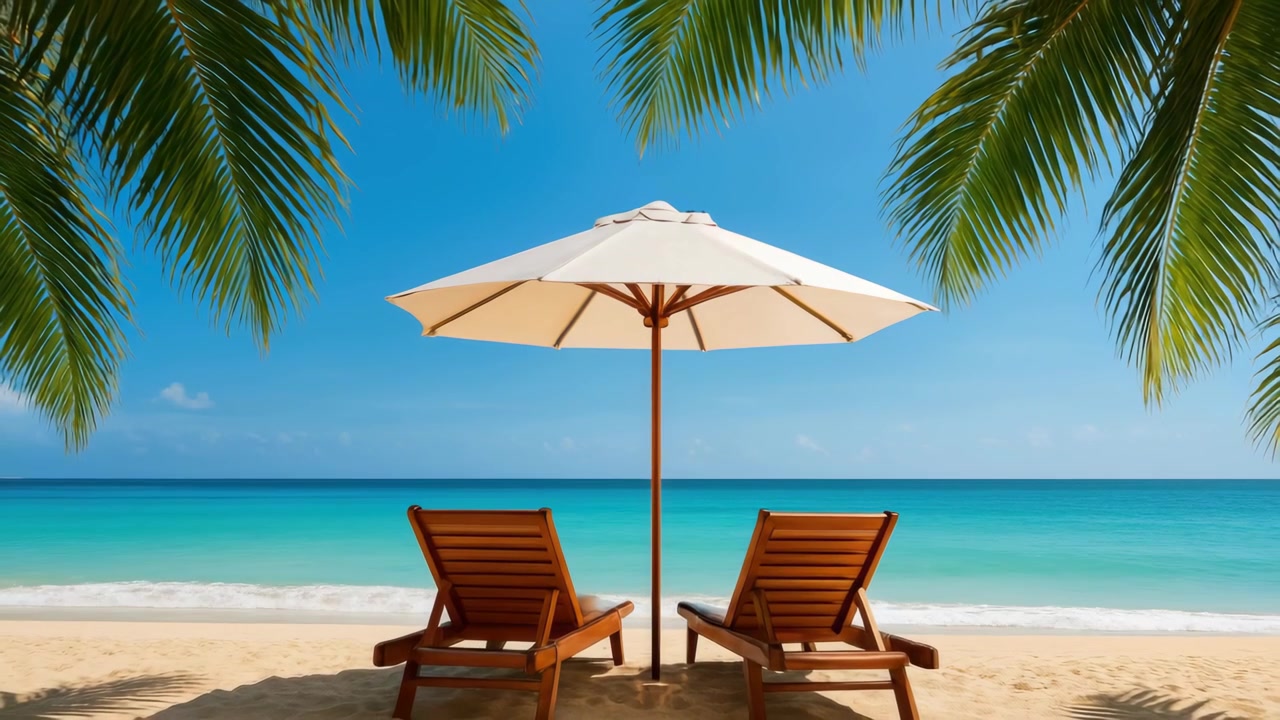 Spiaggia tropicale idilliaca con lettini, ombrellone e palme